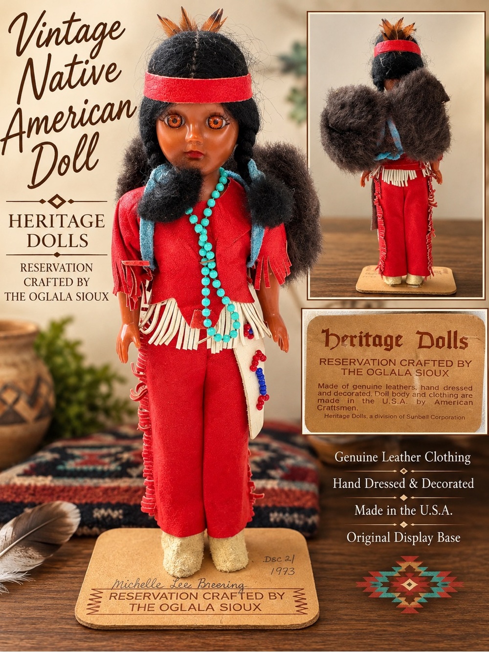 Vintage Heritage Dolls Oglala Sioux Native American Doll Genuine Leather 7"